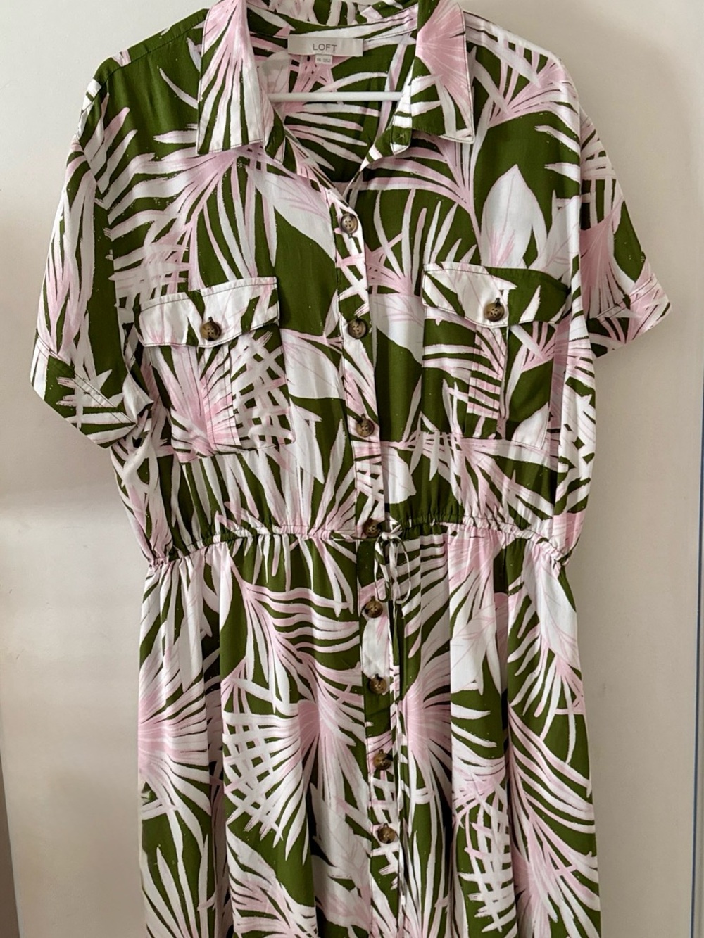 LOFT Olive & Pink Tropical Print Button-Up Dress - Picture 2 of 7
